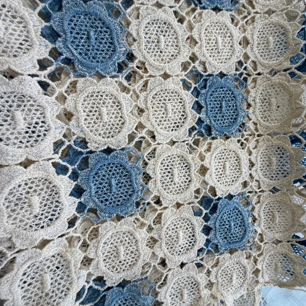 Vintage Crochet Lace Table Runner Set Blue White Floral 5 Piece Cottagecore